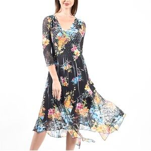 Komarov Black Floral Midi Asymmetrical Lagenlook 3/4 Sleeve Dress Medium
